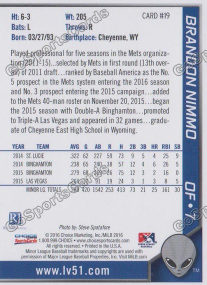 2016 Las Vegas 51s Brandon Nimmo  Back of Card