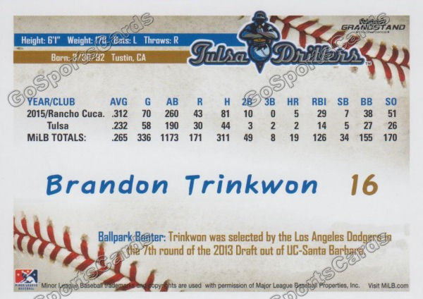 2016 Tulsa Drillers Brandon Trinkwon Back of Card