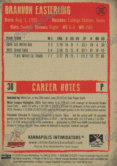  2016 Kannapolis Intimidators Brannon Easterling Back of Card