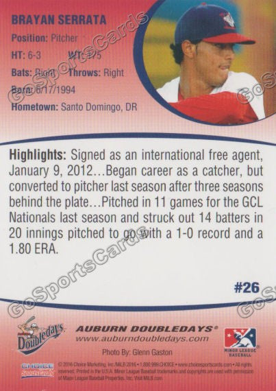 2016 Auburn Doubledays Brayan Serrata Back of Card
