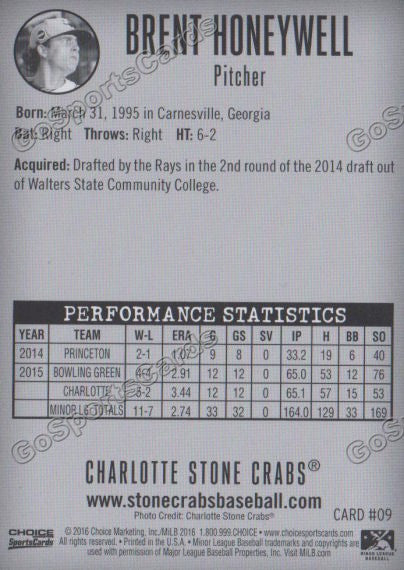 2016 Charlotte Stone Crabs Brent Honeywell Back of Card