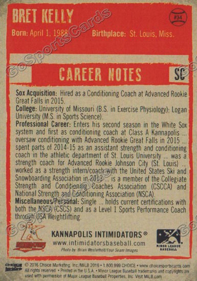  2016 Kannapolis Intimidators Bret Kelly Back of Card