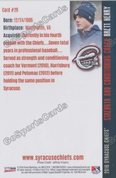 2016 Syracuse Chiefs Brett Henry Back of Card