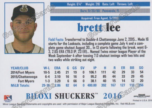 2016 Biloxi Shuckers Brett Lee Back of Card