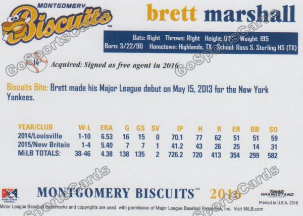 2016 Montgomery Biscuits Brett Marshall  Back of Card