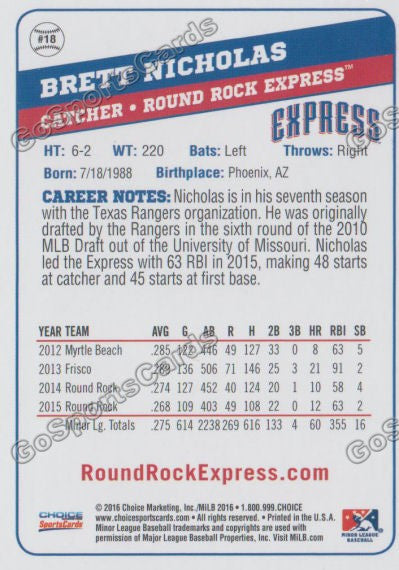 2016 Round Rock Express Brett Nicholas Back of Card