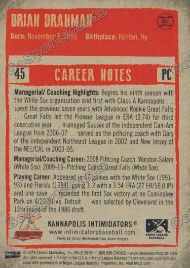  2016 Kannapolis Intimidators Brian Drahman Back of Card