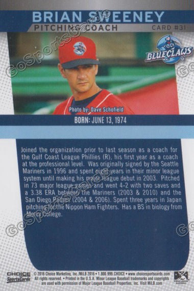 2016 Lakewood BlueClaws Brian Sweeney Back of Card
