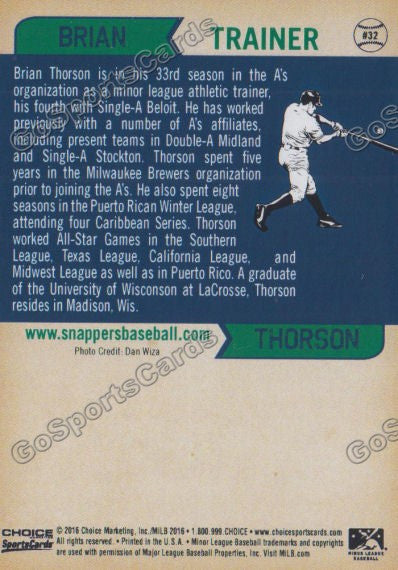 2016 Beloit Snappers Brian Thorson Back of Card
