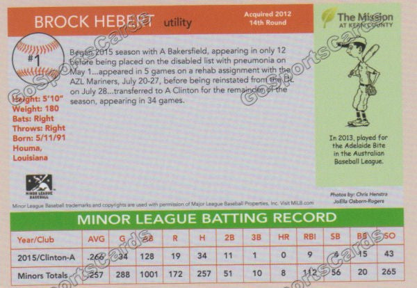 2016 Bakersfield Blaze Brock Hebert  Back of Card