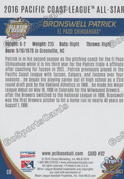2016 Pacific Coast League All Star Bronswell Patrick Back of Card