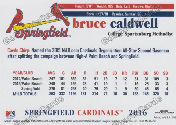 2016 Springfield Cardinals Bruce Caldwell Back of Card