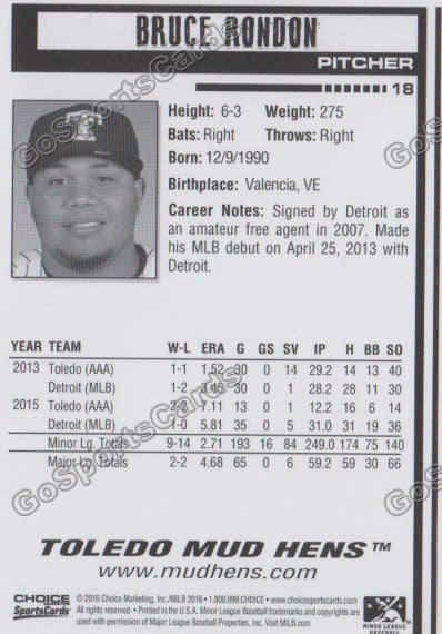 2016 Toledo Mud Hens Bruce Rondon Back of Card