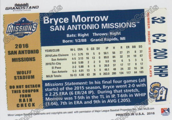 2016 San Antonio Missions Bryce Morrow Back of Card