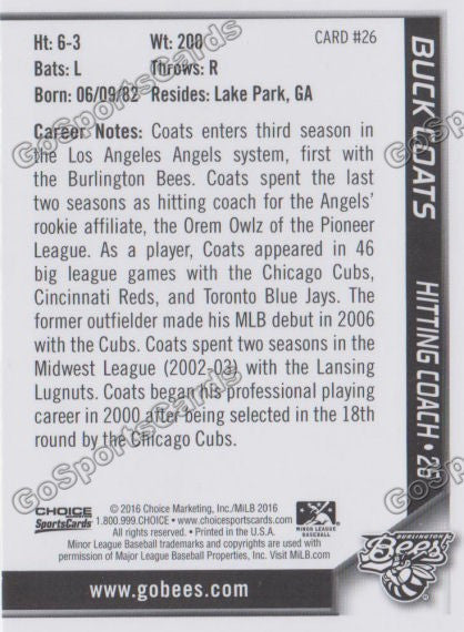 2016 Burlington Bees Buck Coats  Back of Card