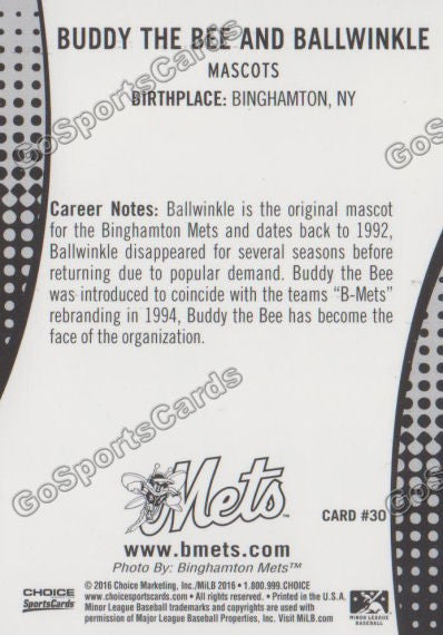 2016 Binghamton Mets Buddy the Bee and Ballwinkle Back of Card