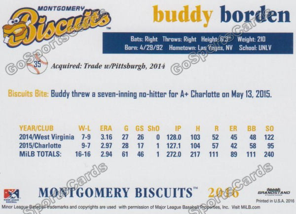 2016 Montgomery Biscuits Buddy Borden  Back of Card