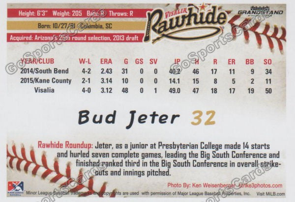 2016 Visalia Rawhide Bud Jeter Back of Card