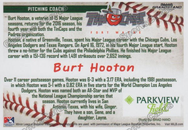 2016 Fort Wayne Tin Caps Burt Hooton  Back of Card