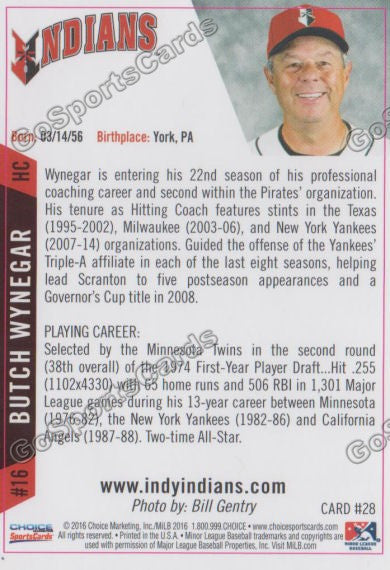 2016 Indianapolis Indians Butch Wynegar Back of Card