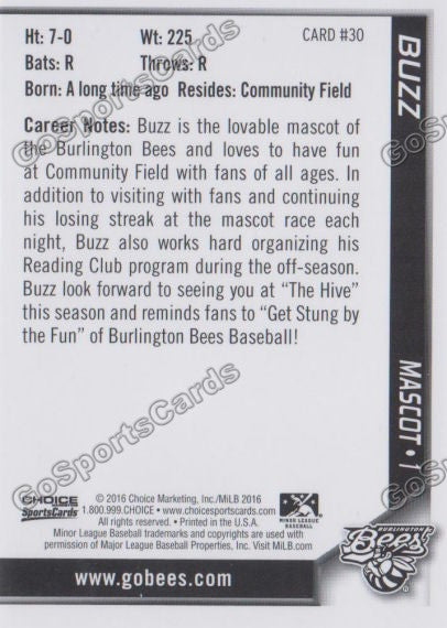 2016 Burlington Bees Buzz Mascot  Back of Card