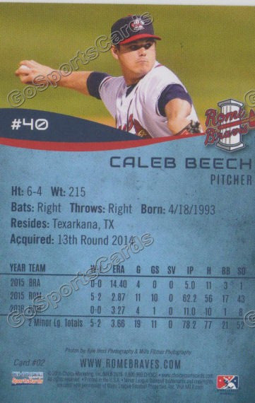 2016 Rome Braves Caleb Beech Back of Card