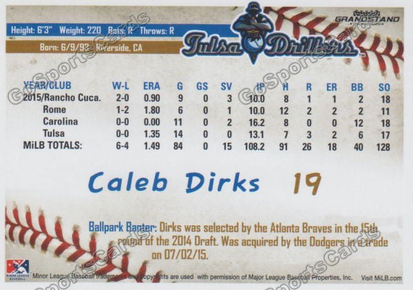 2016 Tulsa Drillers Caleb Dirks Back of Card