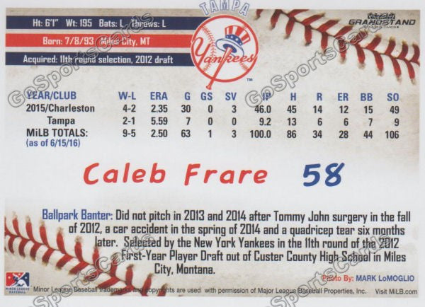 2016 Tampa Yankees Caleb Frare Back of Card