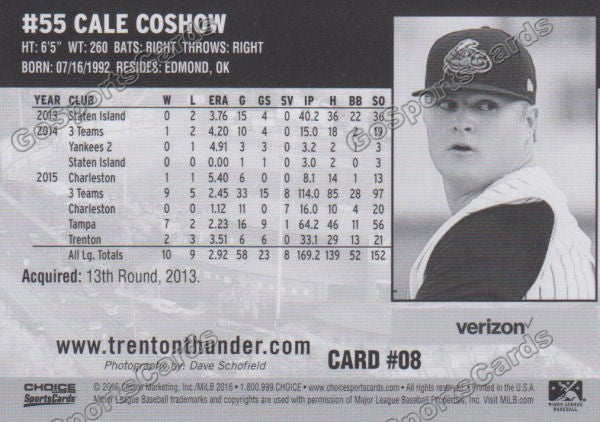 2016 Trenton Thunder Cale Coshow Back of Card