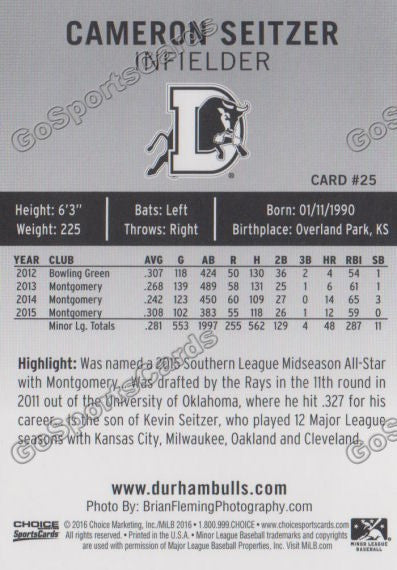  2016 Durham Bulls Cameron Seitzer Back of Card