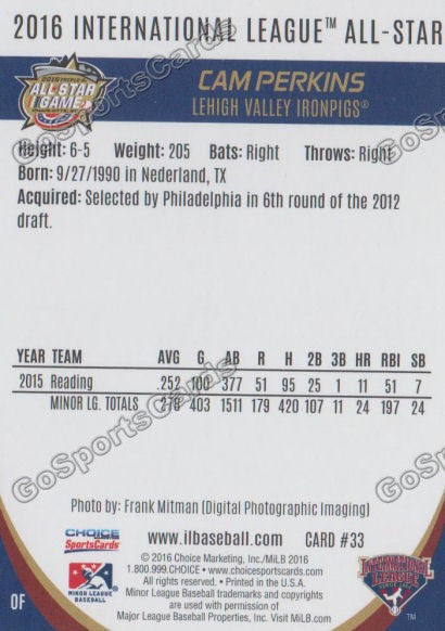 2016 International League All Star Cam Perkins Back of Card