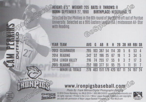 2016 Lehigh Valley IronPigs Cam Perkins Back of Card