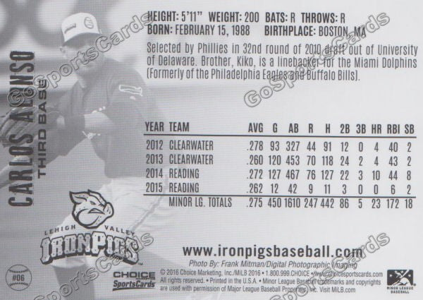 2016 Lehigh Valley IronPigs Carlos Alonso Back of Card