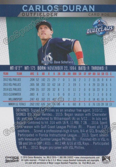 2016 Lakewood BlueClaws Carlos Duran Back of Card