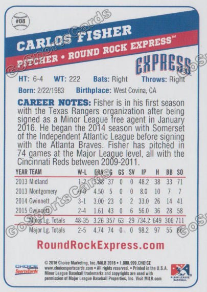 2016 Round Rock Express Carlos Fisher Back of Card