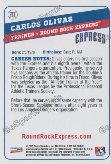 2016 Round Rock Express Carlos Olivas Back of Card