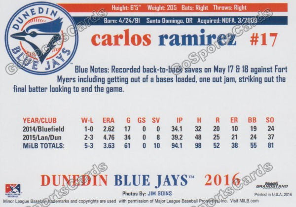 2016 Dunedin Blue Jays Carlos Ramirez  Back of Card