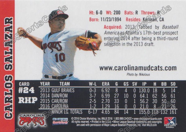 2016 Carolina MudCats Carlos Salazar Back of Card
