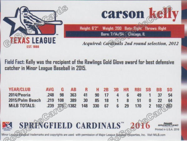 2016 Texas League Top Prospect Carson Kelly Back of Card