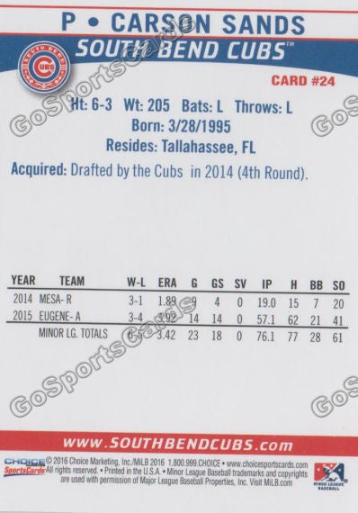 2016 South Bend Cubs Carson Sands Back of Card