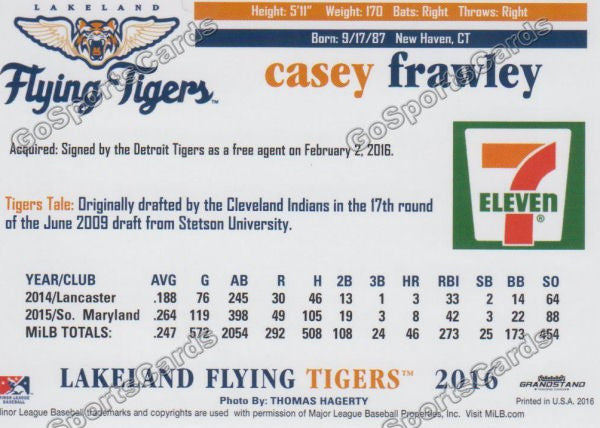 2016 Lakeland Flying Tigers Casey Frawley Back of Card