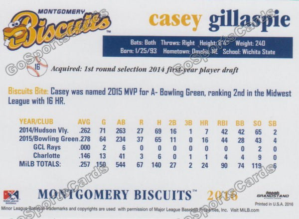 2016 Montgomery Biscuits Casey Gillaspie  Back of Card
