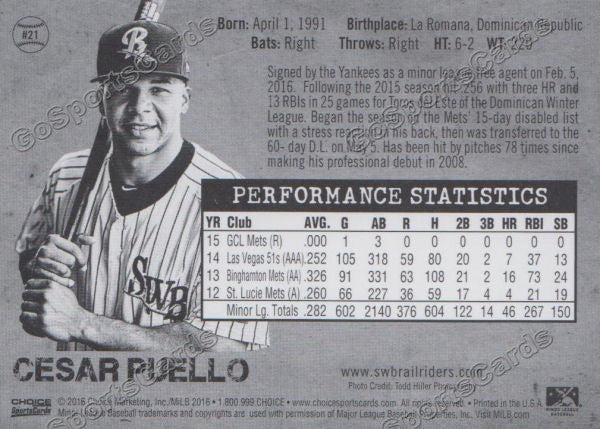 2016 Scranton Wilkes Barre RailRiders Cesar Puello Back of Card
