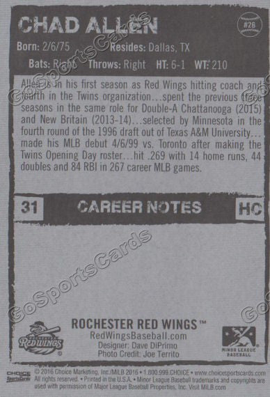 2016 Rochester Red Wings Chad Allen Back of Card