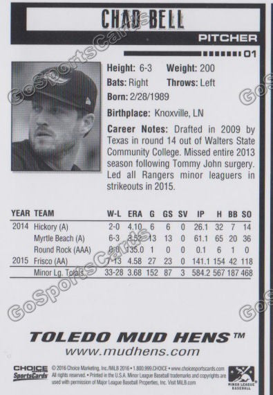 2016 Toledo Mud Hens Chad Bell Back of Card