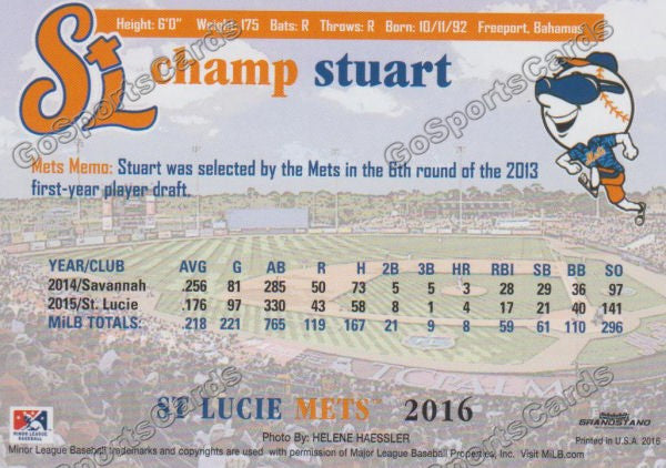 2016 St Lucie Mets Champ Stuart  Back of Card