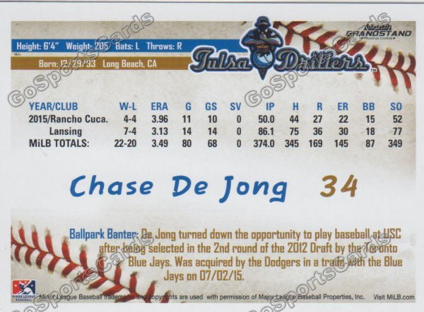 2016 Tulsa Drillers Chase De Jong Back of Card