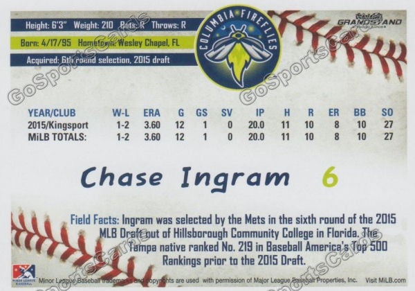 2016 Columbia Fireflies Chase Ingram Back of Card