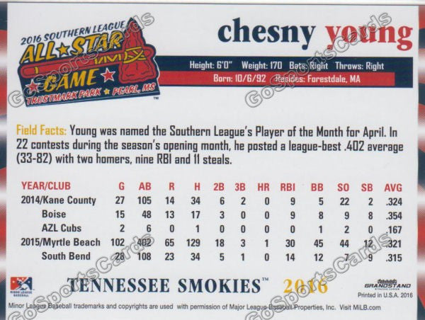 2016 Southern League All Star N Chesny Young Back of Card