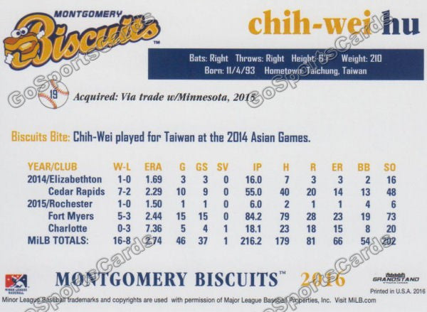 2016 Montgomery Biscuits Chih Wei Hu  Back of Card